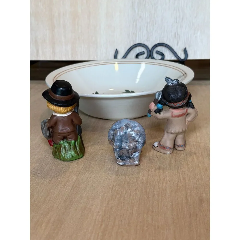 Vintage Ceramic Thanksgiving Lot Floral Serving Bowl Pilgrim Native American